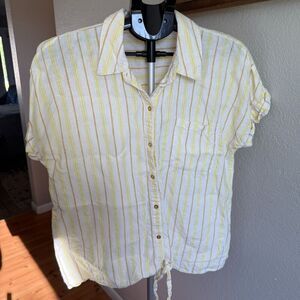 Ellen Tracy 100% Linen Boxy Striped Button Up Tie Front Retro Yellow Shirt L
